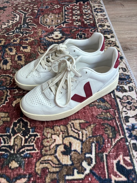 Veja Shoes - Veja V-90 White Leather Sneakers with Burgundy 'V' Accent